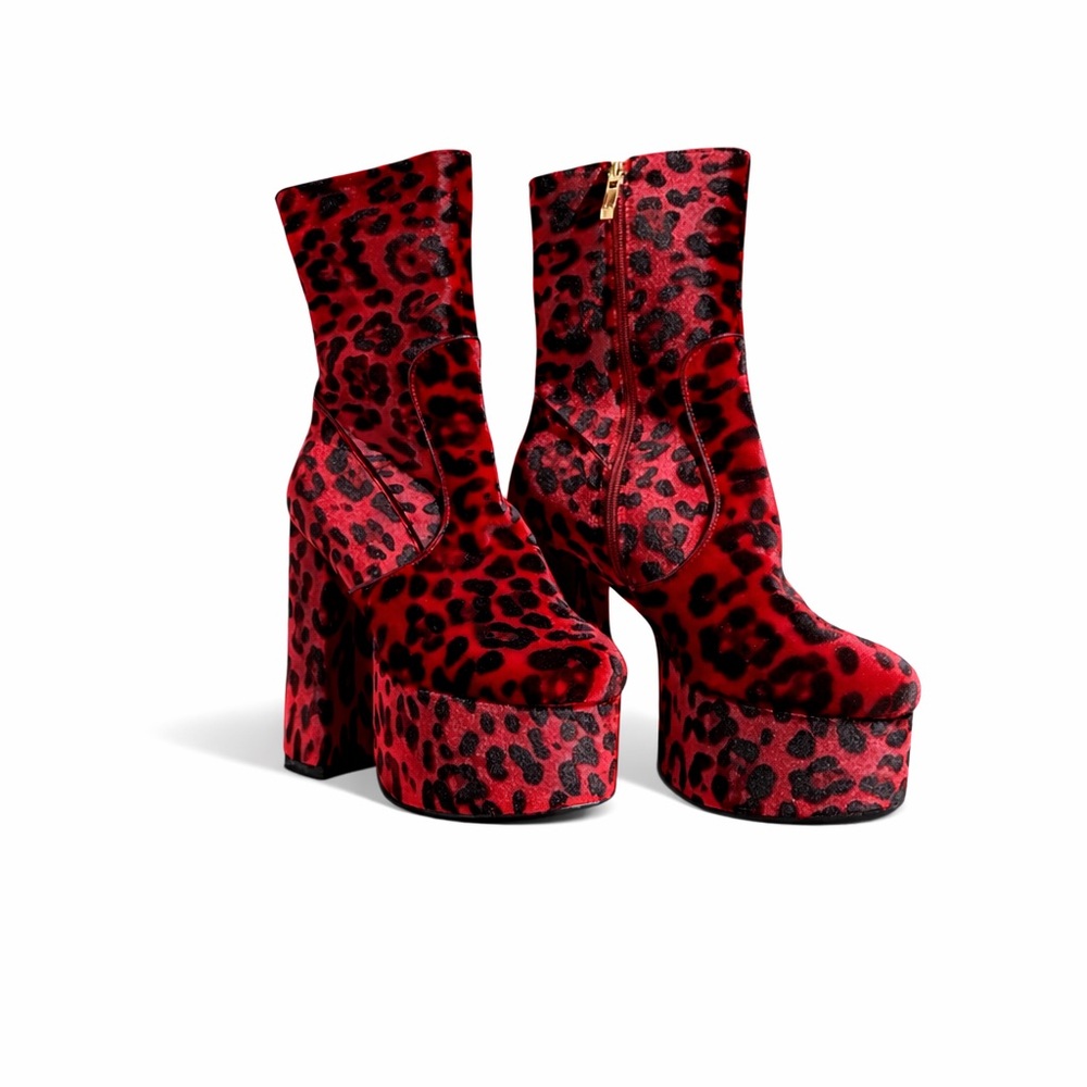 LAMODA Red Leopard Platform Ankle Boots Chunky Heel Y2K Goth Alt Size 7